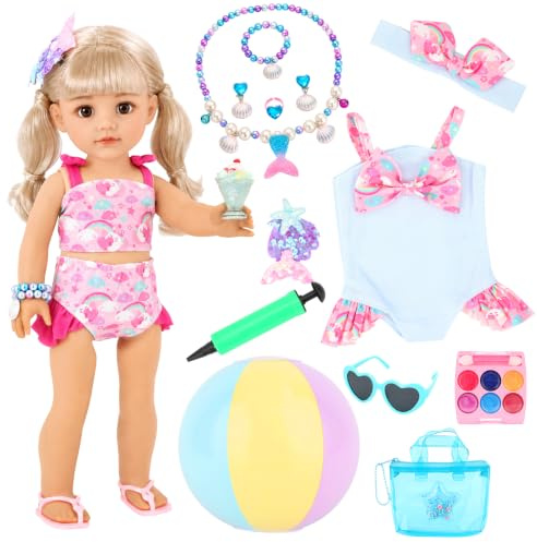 Miunana 16 Accesorios para Muñecas De 14 A 17 Pulgadas: 2 Traje De Baño + Diadema + Bolsa + Pinza para El Pelo + Sandalias + Gafas De Sol + Bola De Agua + Hielo + Bomba De Bicicleta + 6 Accesorios