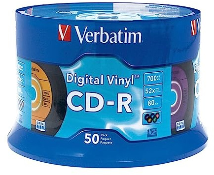 Verbatim CD-R Blank Discs 700MB 80min 52X Recordable Disc for Data and Music with Digital Vinyl Surface - 50pk Spindle Blue/Green/Orange/Pink/Purple