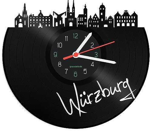 GRAVURZEILE Schallplattenuhr - Skyline Würzburg - Wanduhr aus gegossenem Vinyl mit Stadt Skyline 30 cm - Upcycling Designer Uhr - Moderne Wanduhr im Retro Vintage Style - Made in Germany