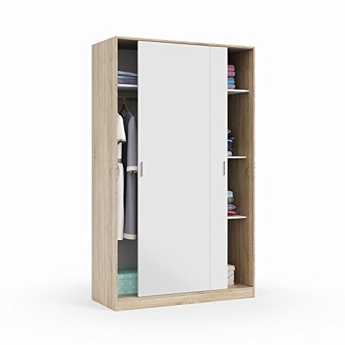 Habitdesign Armario 2 Puertas Correderas y Estantes, 200x120x50 (AltoxAnchoxFondo - en cm). Ropero Dormitorio Principal, Armario Infantil, Color Blanco Artik y Roble Canadian