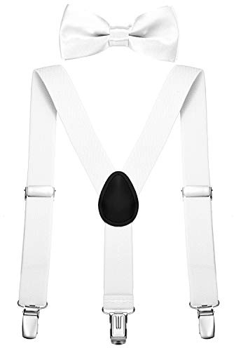DonDon Set de Tirantes y Pajarita para Niño Blanco Elástico y Ajustable por Longitud para Niños de 1-8 Años