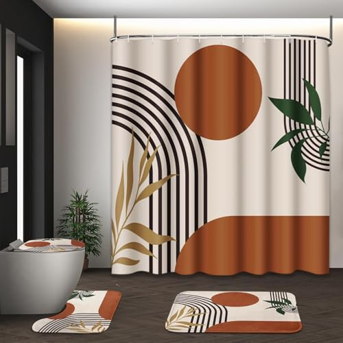 Tayney Boho Mid Century Shower Curtain Set with Toilet Lid Cover and Non-Slip Rugs, Abstract Geometric 4 Pcs Modern Minimalist Shower Curtain for Bathroom Set with 12 Hooks