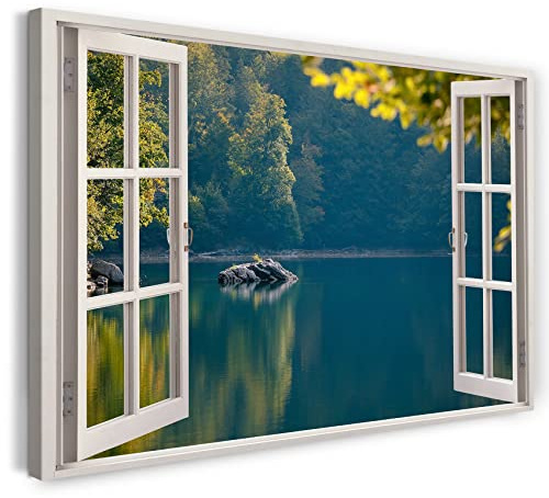 Printistico Bilder Fensterblick 120x80cm Baumwoll-Leinwand auf Keilrahmen mit Aufhänger moderner Kunstdruck XXL Wandbilder Wand-Dekoration See Bäume Wald Natur Sonne - Natur-Fotografie