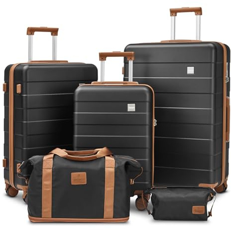 imiomo Hard Shell Luggage Sets 5 Piece for Women, Lightweight Hardside Rolling Suitcase Set with Spinner Wheels and TSA Lock, Black