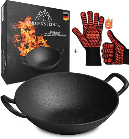 Bergensteiner® Wok in 100% ghisa con superficie smaltata, diametro 36 cm, grande, grill, induzione, fuoco, barbecue a gas, padella wok, con guanti da barbecue di alta qualità
