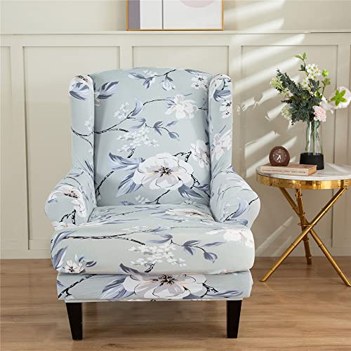 Highdi 2-Teilig Ohrensessel Bezug Sesselbezug Sesselüberwürfe Ohrensessel Überzug Klassisch Blumen Stretch Sesselhusse mit Armlehne für Ohrensessel, Relaxsessel, Fernsehsessel (Hellblau)