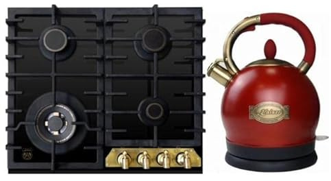 Kaiser Gas-Kochfeld, Gas-Kochfeld,60cm, Schwarz Glas, Retro Einbau Herd, 3,8kW WOK Facette vorne Metallplate Bronze, Brenner Gold + WK 2000 RotEm Exklusiver Retro Wasserkocher Kontroll LED 2 L 1800W