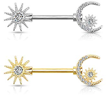 beyoutifulthings Brustwarzen-piercing Sonne Halb-Mond Stern Silber Gold Pavé Zirkonia Clear Brust-piercing Nippel-piercing Chirurgenstahl Stab 14-mm
