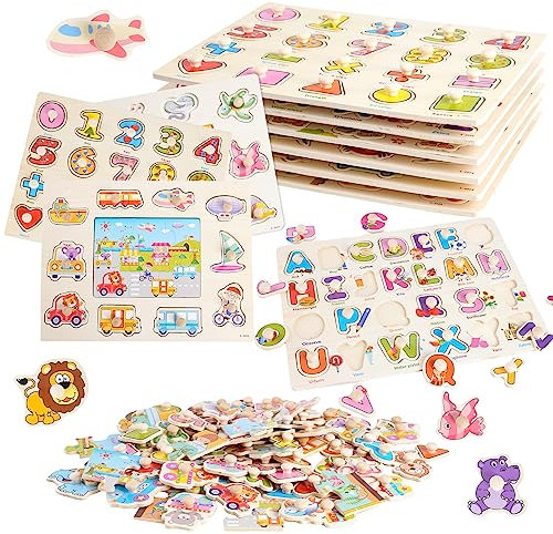 Steckpuzzle für Kleinkinder Set 6-Montessori Kinderspielzeug, Holzknöpfen zum Greifen Lernspielzeug für Jungen und Mädchen Geschenk- Kinder Zahlen,Alphabete,Tiere,Transport,Ozean (Familien-Edition)
