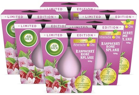 Air Wick Wohlfühl-Duftkerze im Glas – Duft: Raspberry Rose Splash – Je bis zu 20 Stunden Brenndauer – Enthält natürliche ätherische Öle – 6 x 105 g Duftkerzenset