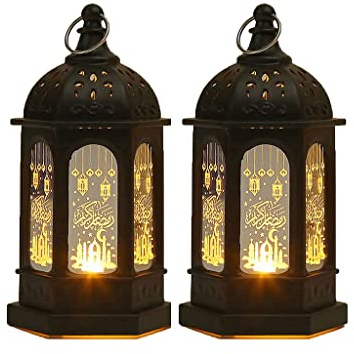 Anlising 2 Stücke Ramadan Dekoration Laterne,Ramadan Deko Licht Vintage Laterne Deko,Ramadan Deko Lampe,Eid Mubarak Laterne Mond Stern Dekoration,für Ramadan Muslimische Home Tabletop Decor(Schwarz)
