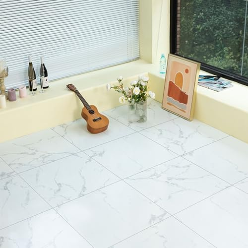Gr8 Home 3.34m² Floor Tiles Self Adhesive Marble Stone Effect Square Planks PVC Flooring DIY Kitchen Bathroom Living Room (White Gloss)