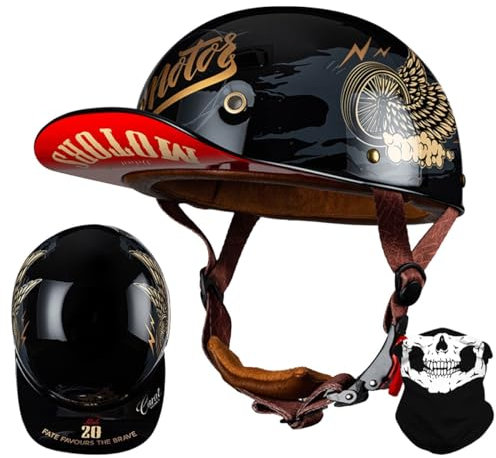 RQTEUYE Vintage Motorrad Baseball Cap Halbhelme, Retro Jethelm Halbschalenhelm mit ECE Zulassung mit Schnellverschluss für Scooter Cruiser Chopper Herren Damen Motorradhelm M-XXL