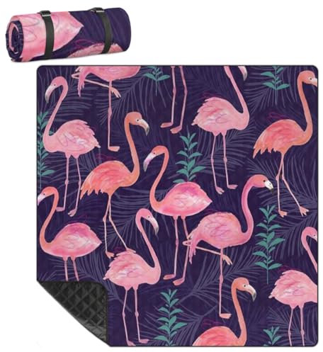 Mularoka Picknickdecke mit Flamingo-Blattmuster, wasserdicht, sanddicht, faltbar, Stranddecke, 200,7 x 200,7 cm, extra groß, tragbar, waschbar, Outdoor-Matte für Camping, Park, Gras, Wandern, Reisen