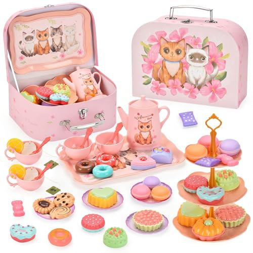 yozhch Tea Party Toy Set with Cupcakes, Tray, Kids Tea Set for Girls Party Toddlers Role Play Boys Pretend Kitchen Food Toys Playsets, Children's Birthday Gifts, Pink (Cat)