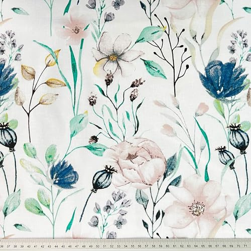 Textrend Tissu de coton au mètre, Tissu de couture, 100% coton, Motif floral, Tissus 1x1,6m, Tissu au mètre, patchwork (Fleurs denim roses avec branches)