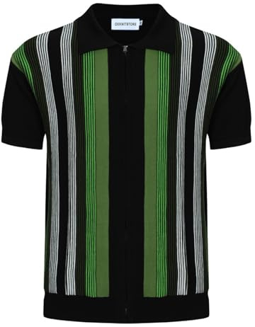 Polos OXKnit para hombre de manga corta con cremallera completa a rayas de punto polo de golf camisas retro, S