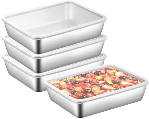 Confezione da 4 contenitori rettangolari per alimenti, in acciaio inox, a prova di perdite, con coperchio in plastica, ermetici, per frigorifero, cucina, lavabili in lavastoviglie