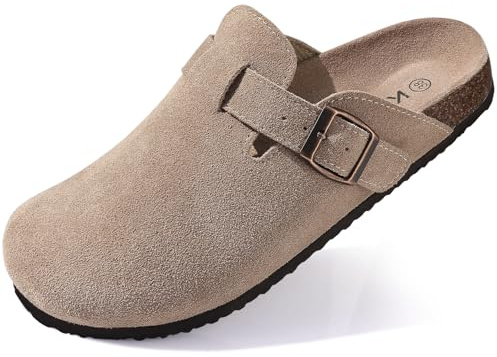 shevalues Women's Suede Clogs Leather Mules Cork Footbed Sandals Slides Potato Shoes with Arch Support Taupe