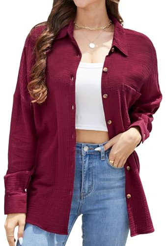 Stamain Damblus, överdimensionerad muslinblus, dam med 100 % bomull, V-ringad, avslappnad, enfärgad, skjortblus, damer, långärmad för leggings, toppar, blus för kvinnor, S–2XL, vinröd, XL plus size