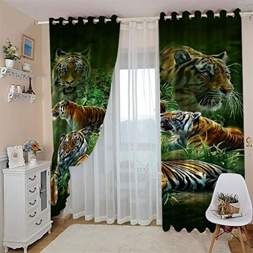 OUSIKA Vorhang Dekorative Für Schlafzimmer Wohnzimme 250x200Cm Drucken Modernes Kunstmuster Gedruckt 3D Dschungel Tiere Tiger Bedruckte Vorhänge Für Kinderzimmer Thermo-Isoliert Set Mit 2 Bahnen