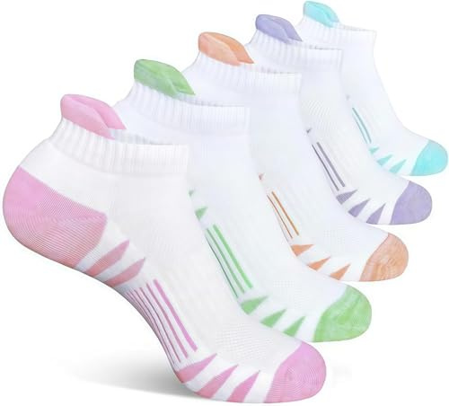 Shudyear 5 Pairs Women's Running Socks, Breathable Cushioned Ladies Ankle Socks, Moisture Wicking, Anti Blister, Low Cut Sports Socks, Size 4.5-7