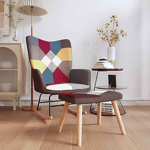 Brokky Schaukelstuhl mit Hocker Patchwork Stoff Relaxstuhl Schaukelsessel Relaxliege Wohnzimmer