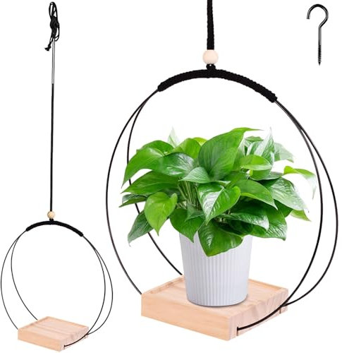 Blumenampel Hängend Innen, Metallring mit Holzsockel, Hängetopf für Pflanzen, Hängender Blumentopf Hängend, Hängeampel Blumen, Hängepflanzen Topf mit Aufhängehaken, für Innen Außen Balkone (1, B)