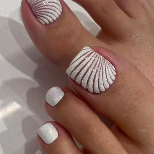 Ceboic 24 Pièces Faux Ongles D'orteil, 12 Tailles Blanc Coquillage Faux Ongles Pieds, Carré Court French Capsule Ongle Pied Acrylique Couverture Complète Glossy Toe Nails Tips pour Femmes et Filles