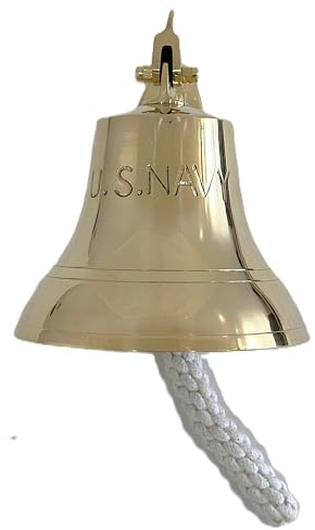 Gold Brass U.S. Navy Engraving 8-Inch Nautical Wall Mounted Bell with Knotted Lanyard – Solid Brass Ship Bell with Mounting Hardware – Maritime Decor for Home, Office, or Outdoor Use