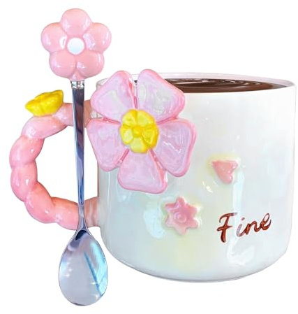 manhegari Taza de café con diseño de flores, 500 ml, taza floral 3D rosa con cuchara, vasos de gran capacidad, suministros estéticos para el hogar y el jardín para cafetería, primavera, casa de campo