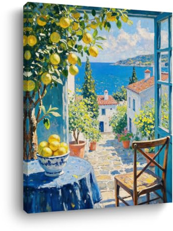 Wandkunst, Motiv: Italienische Küste, Naturlandschaft, Aquarell, gerahmt, Leinwanddruck, moderne Wohnkultur, sommerliche ästhetische italienische Zitronen-Drucke für Wohnzimmer, Küche