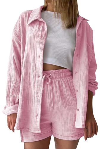 musselin, musselin Bluse Damen leinen Shirt Zweiteiler Outfits Set 2 teiler Kleidung Oversized Loungewear für Clothes Pyjama elegant Summer Two Piece Kleid Suits