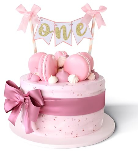 Lyreh Pink Bow Ribbon One Cake Topper 1, Sweet Bowknot First Cake Toppers 1st Birthday Cakes Decoration Bow Themed Party Supplies for Birthday Baby Shower