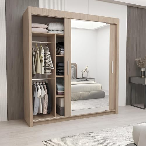 E-BAARIK Monaco Full Mirror Sliding Door Wardrobe – 2 or 3 Doors – Multiple Sizes & Colours – Shelves, Rails, Drawers (Oak, 150cm)