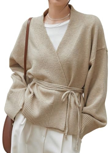 GORGLITTER Chaqueta de punto corta para mujer, abrigo de punto con cinturón, abrigo de invierno, elegante, chaqueta envolvente, chaqueta de invierno, chaqueta de estilo empresarial, Albaricoque, L