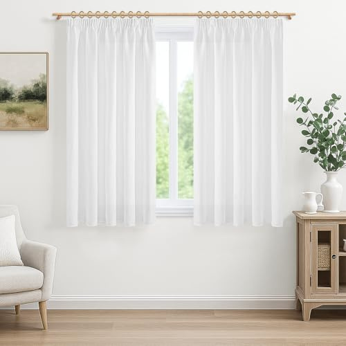MRTREES Gardinen Leinenoptik mit Kräuselband Weiß für Küche Kurz Fenster Leinen Vorhang Weiss Halbtransparent mit Haken Vorhänge Wohnzimmer und Schlafzimmer 2er Set H 130 x B 140 cm