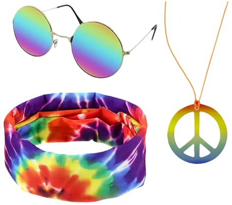 fshxj Hippie Accessoires,3pcs Hippie KostüMzubehöR Set,Runde Regenbogen-Sonnenbrille,Peace-Zeichen-Halskette,Batik-Stirnband,Retro Stil FüR Musikfestivals Party Alltag