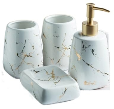 Bathroom Sets Accesorios: Encimera de tocador con Aspecto mármol, cerámica Creativa for el baño. como Regalo Coastal Decor(White,5pcs)