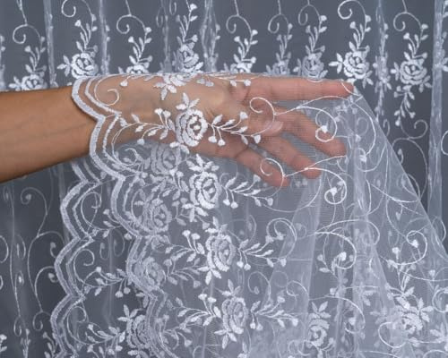 Gardinen Vorhangen Weiß Jacquard 300x160 cm (BxH) Gardine Lobato für Wohnzimmer, Fertiggardine mit Kräuselband, Hochwertige Markisette mit Weißer Stickerei, Pflegeleicht und Bügelfrei