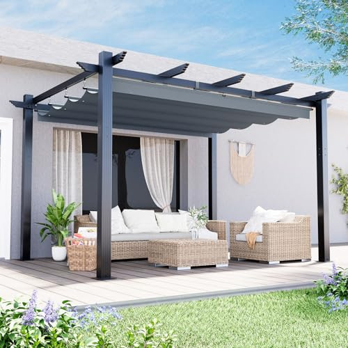 Eslohnt 3x4m Metall Pergola mit Einziehbarem Dach,Alu-Gartenpergola mit Verstellbarem Sonnenschutz für Terrasse,Party & Grill,Dunkelgrau