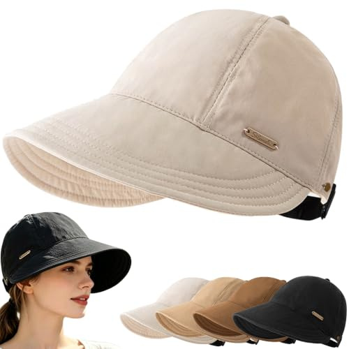 Women's Wide Brim Sun Visor Hat, UPF 50+ UV Protection Cap for Ponytails, Adjustable Packable Visor Cap for Hiking Golf