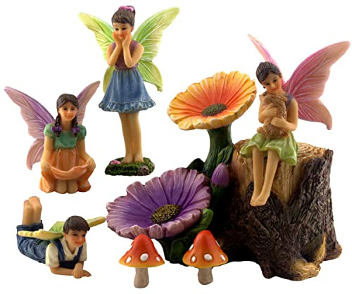 PRETMANNS Fairy Garden Ornaments Accessories Set, 7 Pieces | Outdoor Figurines, Flower Stump, 2 Mushrooms, Miniature Starter Kit Supplies, village decor