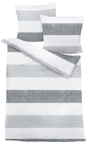 Traumschlaf – Biber Bettwäsche Set – Bettgarnitur aus 100% Baumwolle mit Reißverschluss (Bettbezüge Streifen Grau) 200x220 cm + 2X 80x80 cm