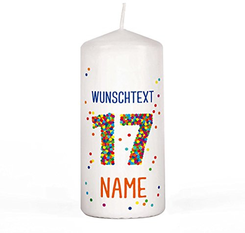 Herz & Heim® Geburtstagskerze - Konfetti - mit Namen und Wunschtext 17. Geburtstag