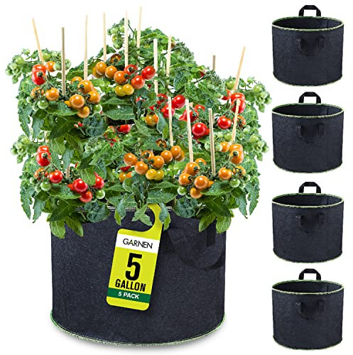 Garnen 19 Liter / 5 Gallone Pflanzsack mit Griffe (5 Pack), Pflanzsäcke aus Vliesstoff, Kartoffelsack, Pflanze Wachsende Tasche mit Verdickten Griffen für Bio Gemüse, Blumen und Pflanzen Eignet
