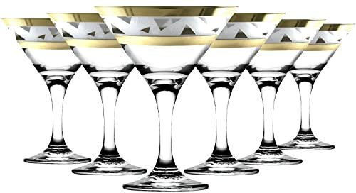 Roman Deluxe Martini Glasses Set of 6/ Round Coctail Glasses/Thick Stem/Decorated Glitter Gold Rim with Ornament/ 7oz - 200ml/ Gift Set in Box for Women or Men (Golden Ice)