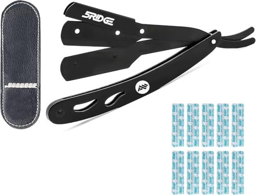 5RIDGE Rasoio a Mano Libera tradizionale taglio dritto - Accessorio Professionale di Barbiere per Rasatura e Cura dei Contorni di Barba Uomo + 10 Lamette da Barba Derby + Valigetta per il trasporto