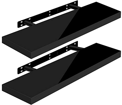 WOLTU Wandregal,Schweberegal Hochglänzend Schwarz,70x22,9x3,8cm 2er | Wandboard 2er mit Metallhalterung, für Küche Badezimmer Wohnzimmer Schlafzimmer, aus MDF, Regale mit der höchsten Träger 10kg
