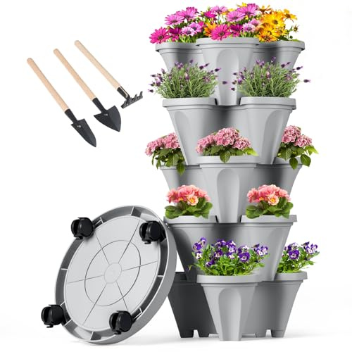 GameXcel Jardinière verticale empilable à 5 niveaux pour fraises, herbes, fleurs et légumes, pots de jardinage d'intérieur et d'extérieur avec roues amovibles et outils